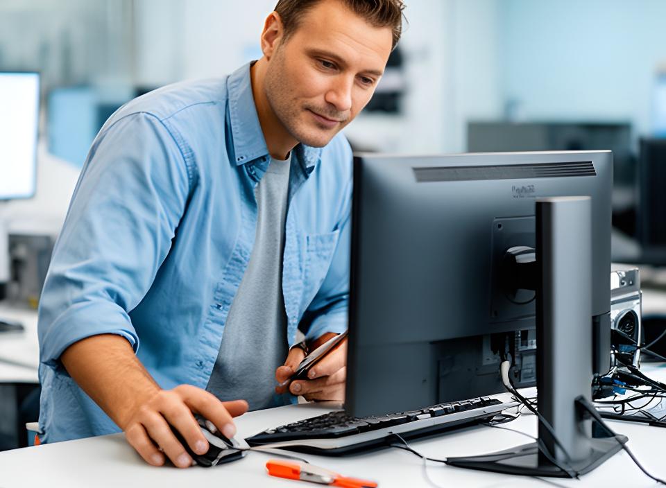 Local IT technician reviewing a secure access setup beside a modern workstation in a bright Lake Charles office