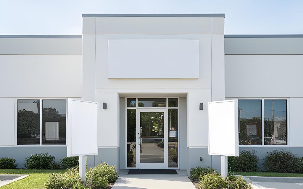 Small business office exterior with clear entrance signage on East Parkway Street in Lake Charles