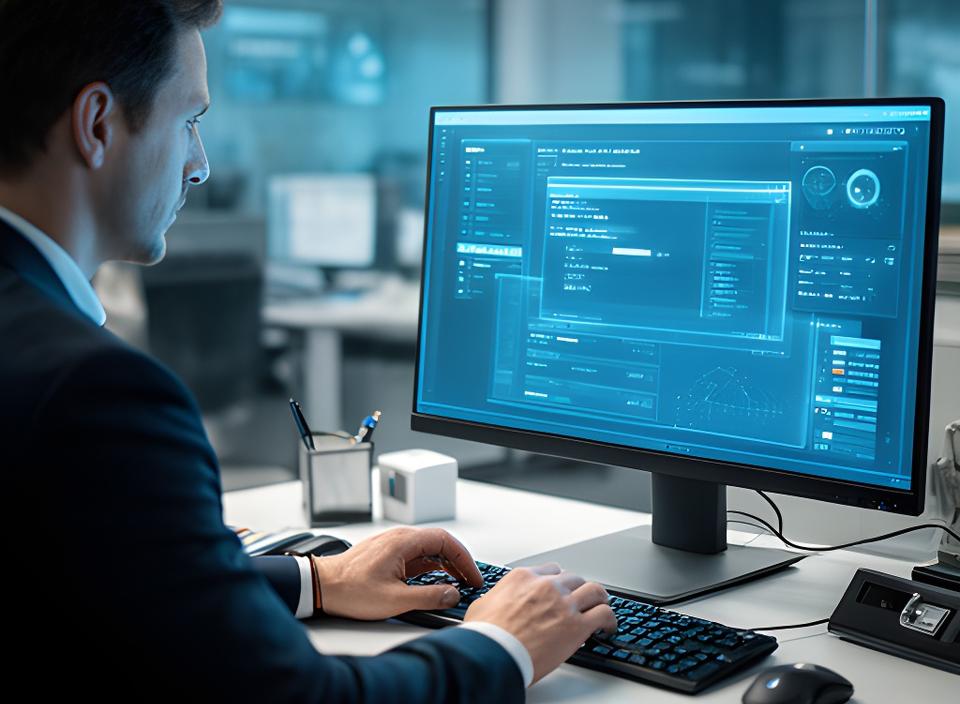 Security analyst reviewing remote access controls on a monitor in a modern office