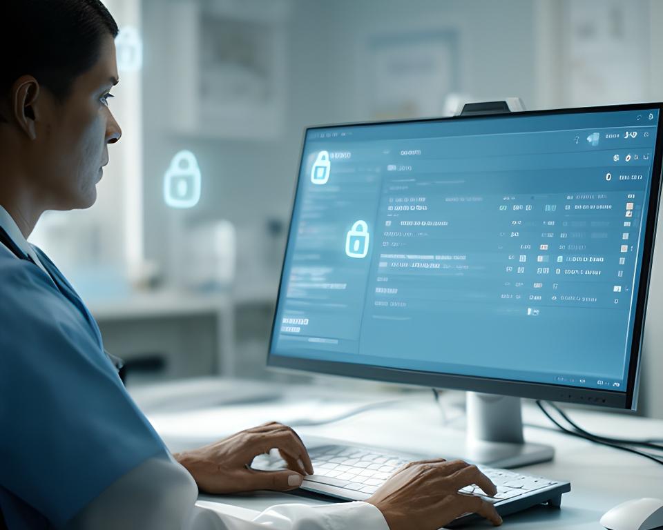 Doctor reviewing an EHR dashboard from a secure remote workstation in a calm clinic office