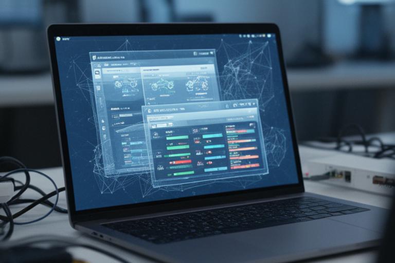 Secure remote access dashboard on a laptop in a small office with layered network status panels