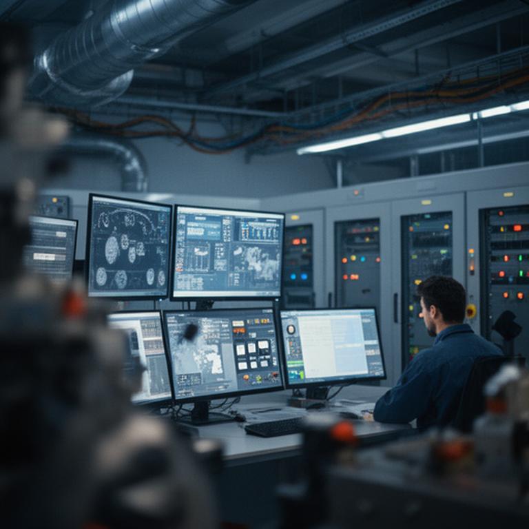 Manufacturing control room with industrial monitors, engineering dashboards, and operators reviewing plant data