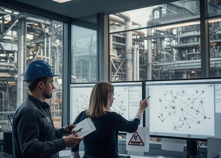 Engineer and consultant reviewing industrial network segmentation plans in a plant office