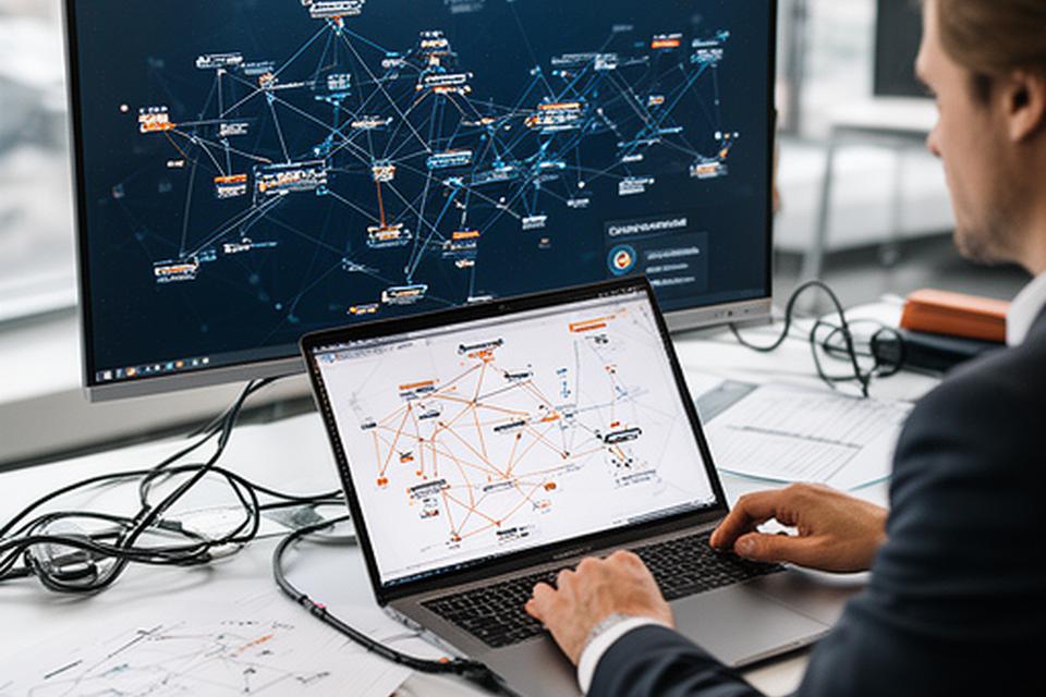 IT consultant reviewing a network diagram on a desk in a bright Lake Charles office