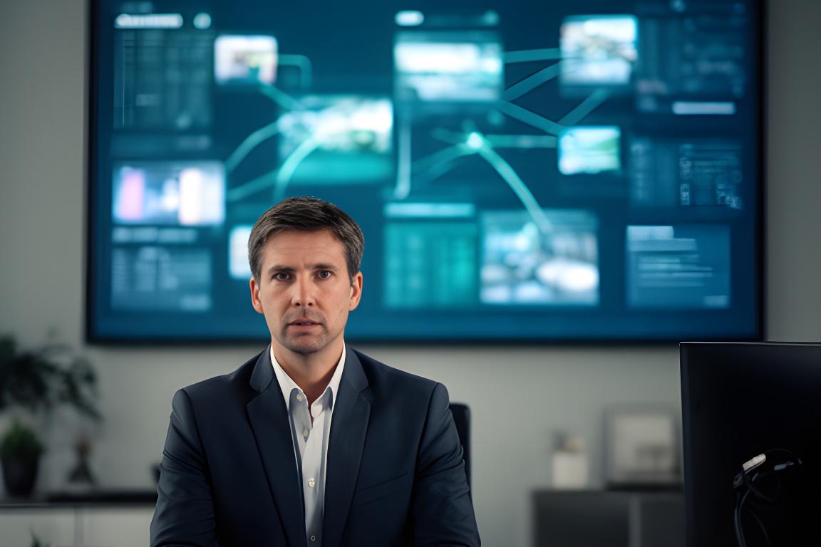Operations manager reviewing a dashboard with connected store locations on a large screen in a modern office