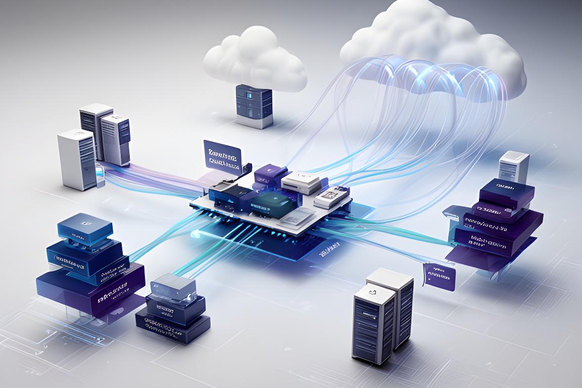 Secure office network topology on a city backdrop with cloud links, firewalls, and remote desktop paths