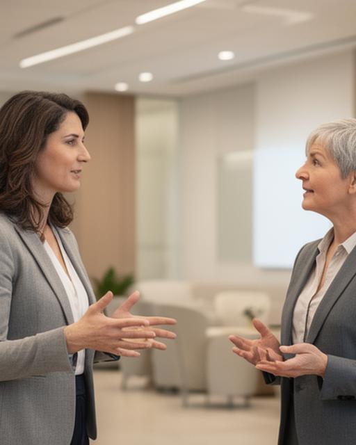 Elia Fontenot speaking with a small business owner in a modern office lobby