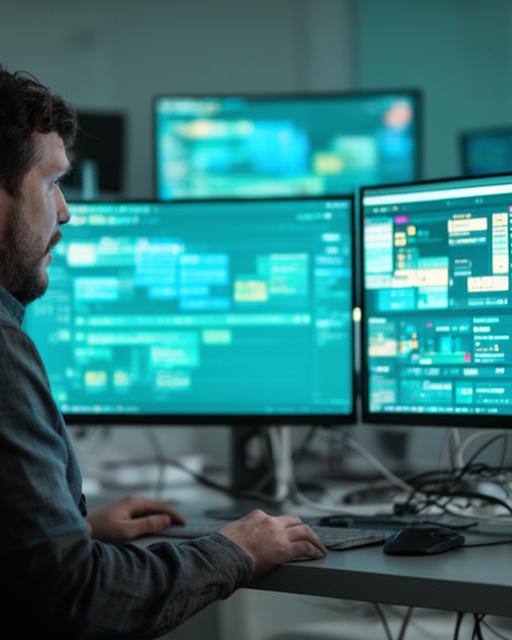 Jonah Theriot mapping cloud connections at a workstation with dual monitors