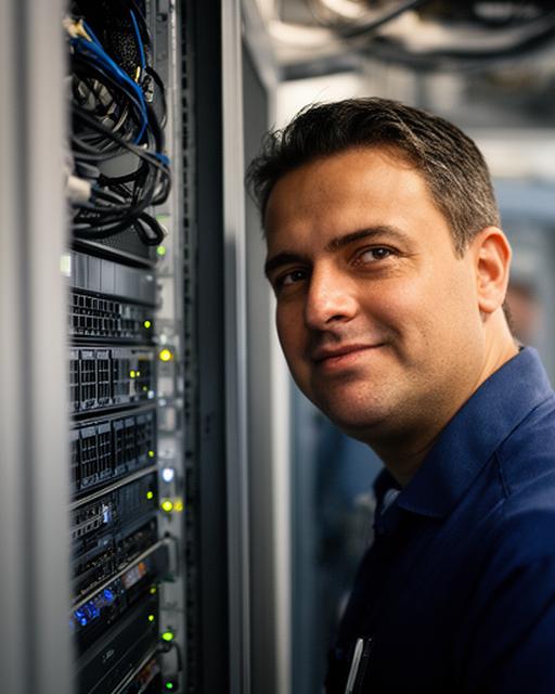 Miles Bordelon reviewing a server rack in a Lake Charles office