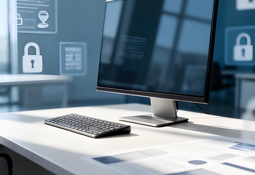 Secure office workstation with remote access tools and a policy document on a bright desk in Lake Charles